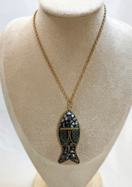 None Jewelry - Fish Pendant Necklace Gold Tone Abalone Shell Mosaic 21" Chain N382
